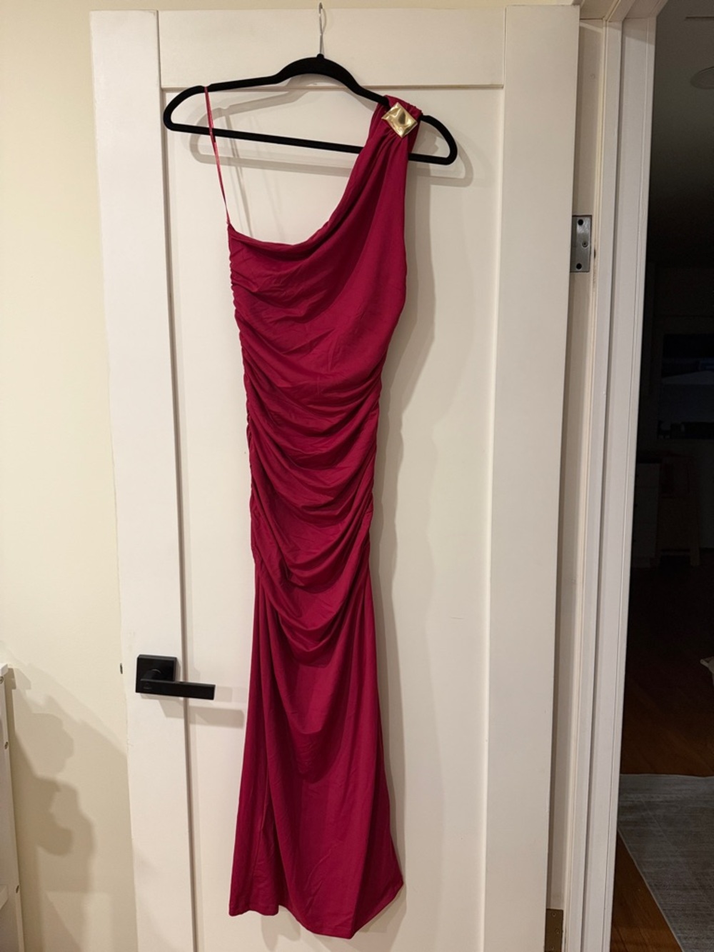 Zara One-Shoulder Fuchsia Ruched Gown with Gold Accent
